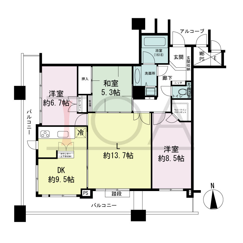 ビオール大阪大手前タワーの間取り図 南西角 3LDK 専有面積93.58m2
バルコニー面積24.53m2
13階ルーフバルコニー面積24.53m2