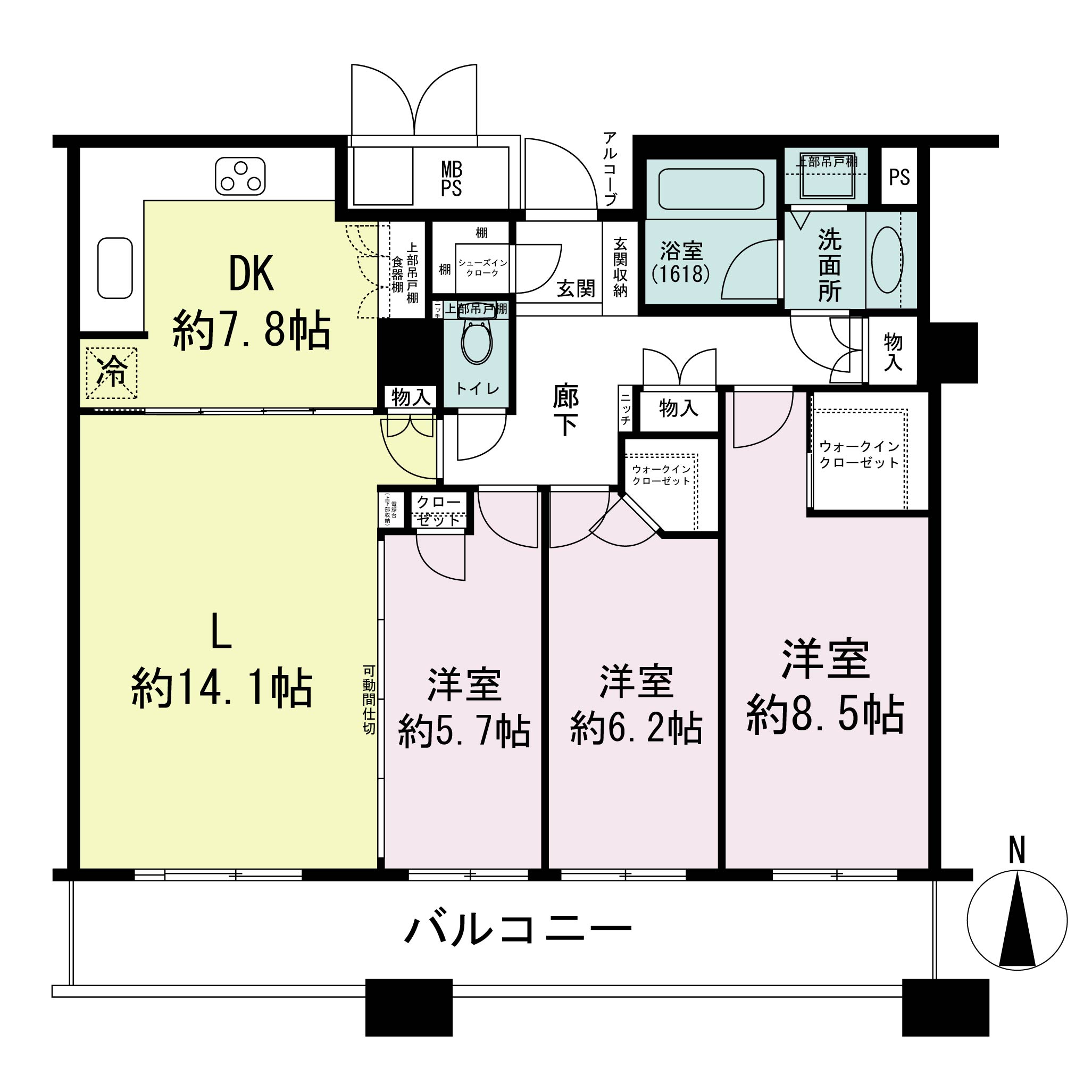ビオール大阪大手前タワーの間取り図 南向き 3LDK 専有面積94.89m2
バルコニー面積15.55m2