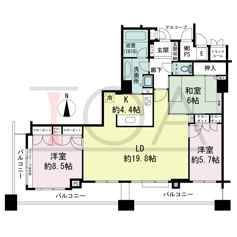 ビオール大阪大手前タワーの間取り図 南向き 3LDK 専有面積95.86m2
バルコニー面積21.82m2