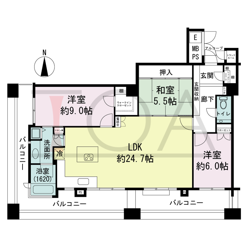 ビオール大阪大手前タワーの間取り図 南西角 3LDK 専有面積102.32m2
バルコニー面積26.43m2