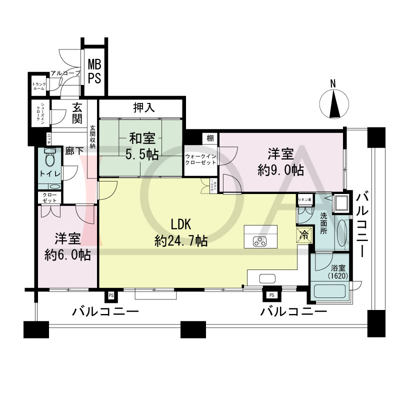 ビオール大阪大手前タワーの間取り図 南東角 3LDK 専有面積102.32m2
バルコニー面積26.43m2