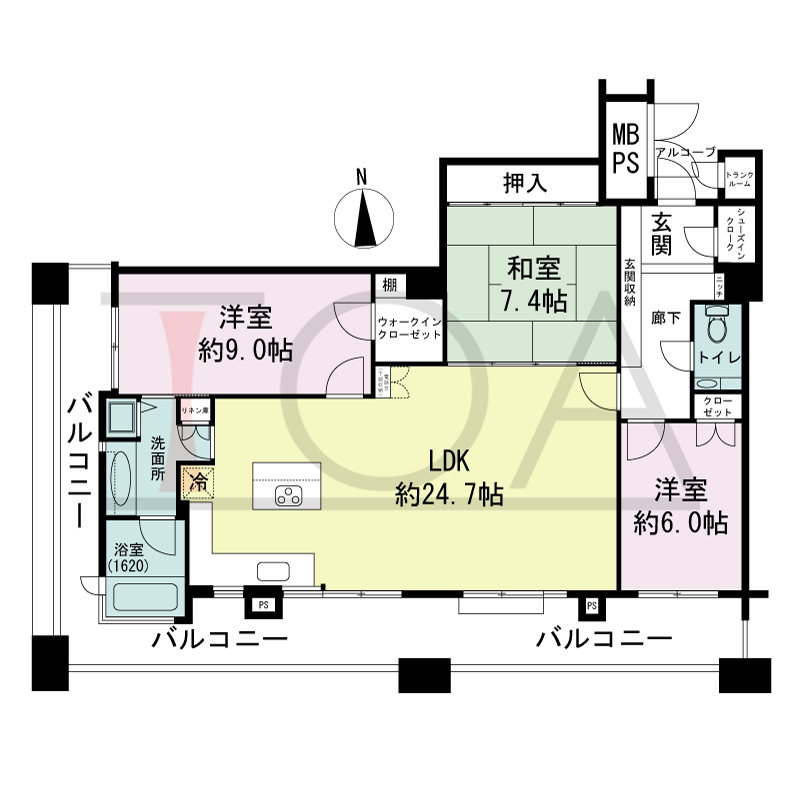 ビオール大阪大手前タワーの間取り図 南西角 3LDK 専有面積105.13m2
バルコニー面積26.43m2