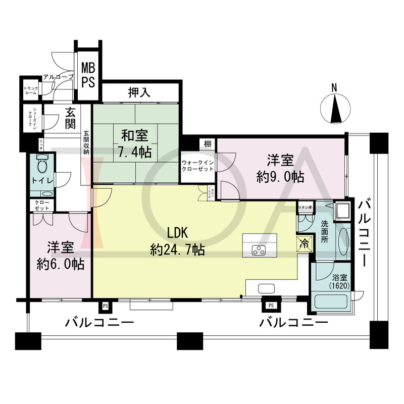 ビオール大阪大手前タワーの間取り図 南東角 3LDK 専有面積105.13m2
バルコニー面積26.43m2