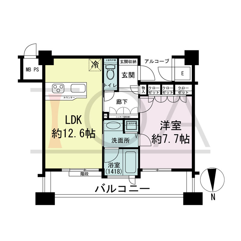 ビオール大阪大手前タワーの間取り図 北向き 1LDK 専有面積48.74m2
バルコニー面積10.40m2
28階ルーフバルコニー面積10.40m2
