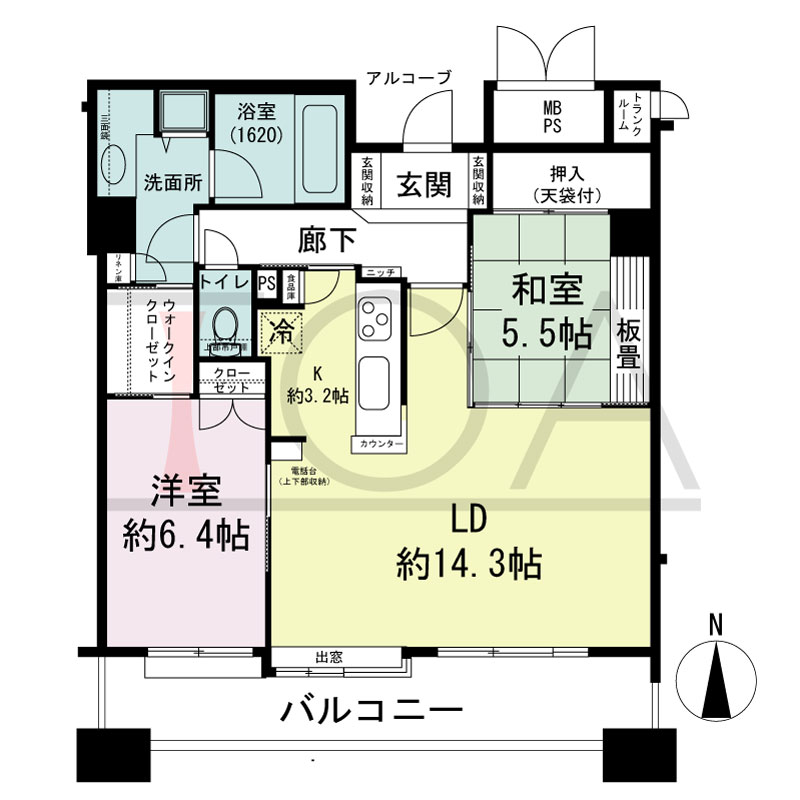 ビオール大阪大手前タワーの間取り図 南向き 2LDK 専有面積72.13m2
バルコニー面積12.39m2