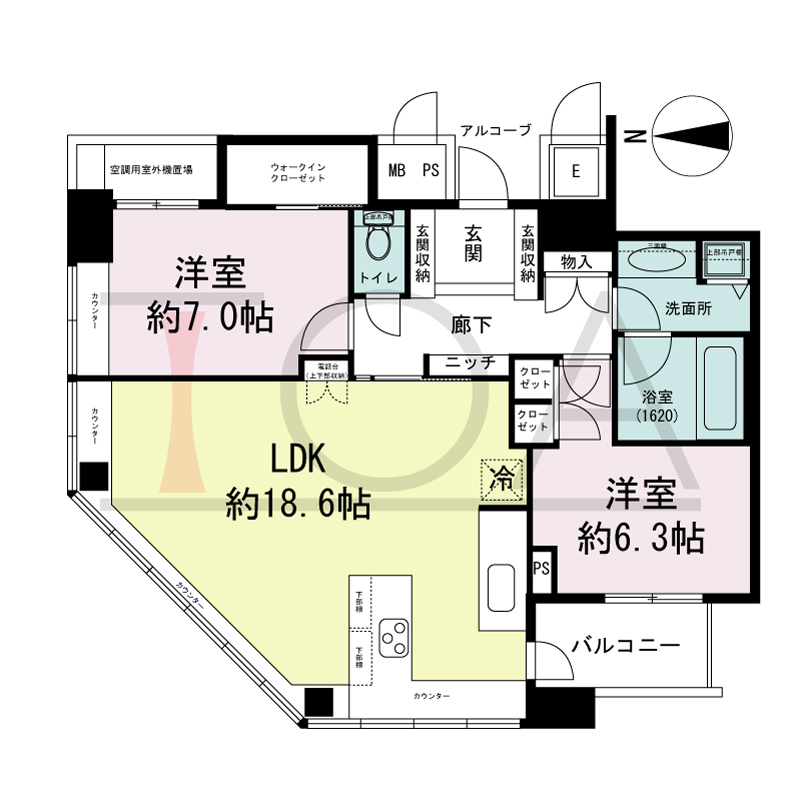 ビオール大阪大手前タワーの間取り図 北西角 2LDK 専有面積80.81m2
バルコニー面積6.33m2
28階ルーフバルコニー面積10.589m2
29・30階バルコニー面積10.59m2