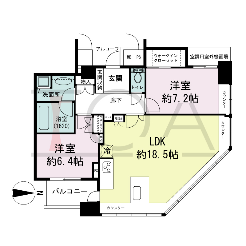 ビオール大阪大手前タワーの間取り図 北東角 2LDK 専有面積80.56m2
バルコニー面積6.53m2
29・30階バルコニー面積10.79m2
28階ルーフバルコニー面積10.79m2