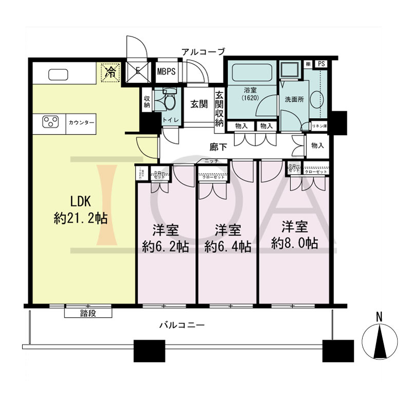 ビオール大阪大手前タワーの間取り図 南向き 3LDK 専有面積91.42m2
バルコニー面積15.62m2