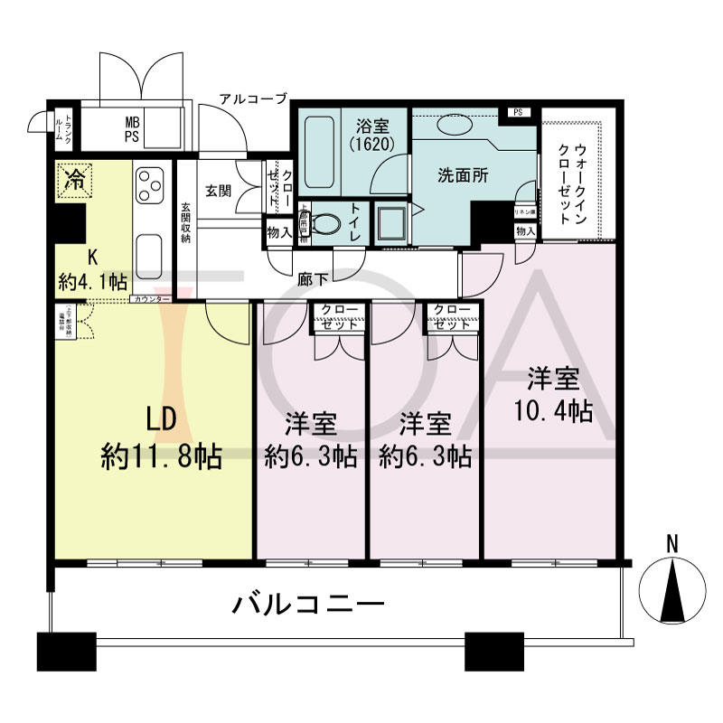 ビオール大阪大手前タワーの間取り図 南向き 3LDK 専有面積91.78m2
バルコニー面積15.69m2