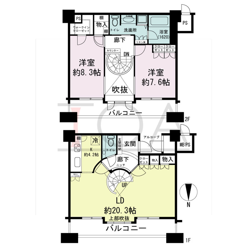 ビオール大阪大手前タワーの間取り図 北向き 2LDK 専有面積97.27m2
バルコニー面積19.37m2