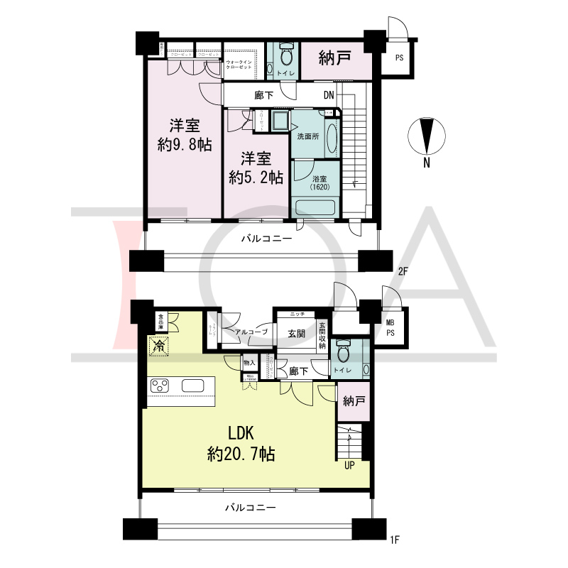 ビオール大阪大手前タワーの間取り図 北向き 2LDK 専有面積102.06m2
バルコニー面積20.62m2