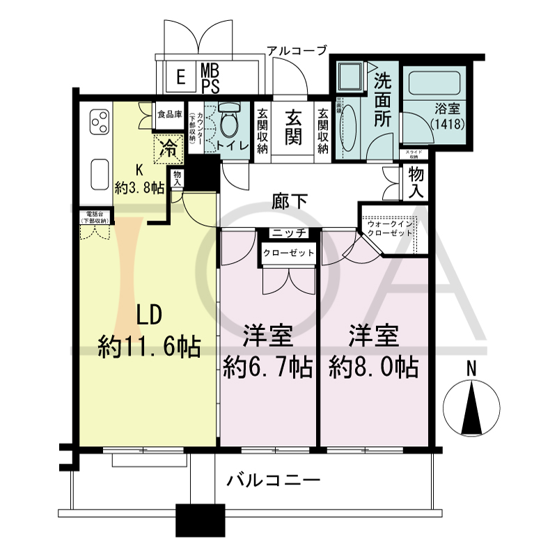 ビオール大阪大手前タワーの間取り図 南向き 2LDK 専有面積73.59m2
バルコニー面積12.18m2
13階ルーフバルコニー12.18m2