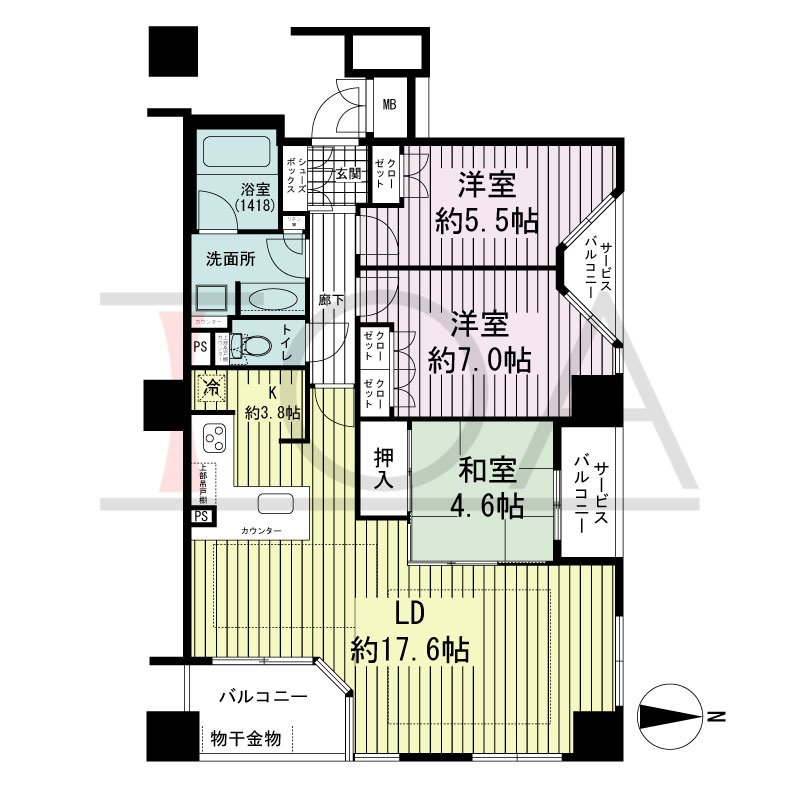 ブランズタワー大阪備後町の間取り図 東向き角　3LDK　専有面積80.86m2
バルコニー面積5.16m2
サービスバルコニー面積4.68m2
