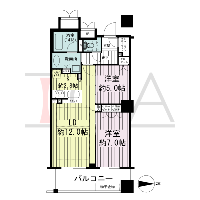 ブランズタワー大阪備後町の間取り図 東向き　2LDK　専有面積60.58m2
バルコニー面積10.18m2