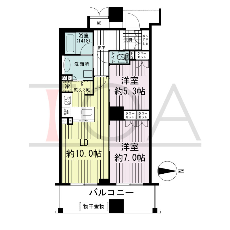 ブランズタワー大阪備後町の間取り図 東向き　2LDK　専有面積59.04m2
バルコニー面積11.10m2