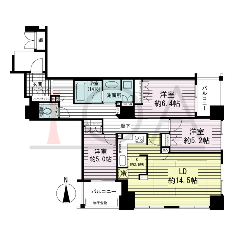ブランズタワー大阪備後町の間取り図 南東向き　3LDK　専有面積84.22m2
バルコニー面積9.55m2