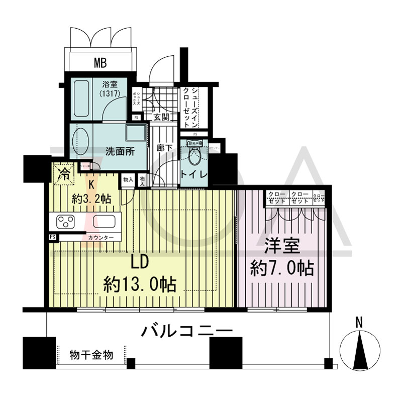 ブランズタワー大阪備後町の間取り図 南向き　1LDK　専有面積55.03m2
バルコニー面積16.66m2