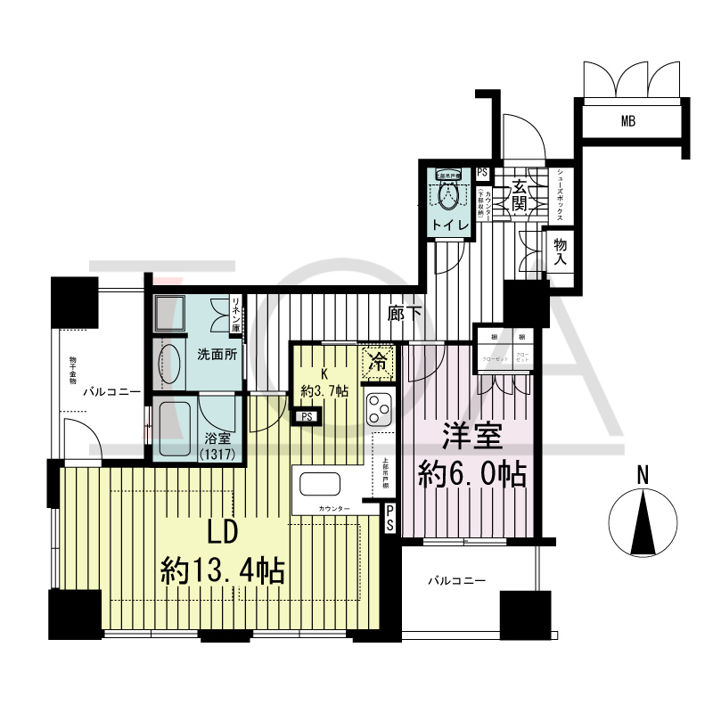 ブランズタワー大阪備後町の間取り図 南西向き　1LDK　専有面積59.22m2
バルコニー面積10.87m2