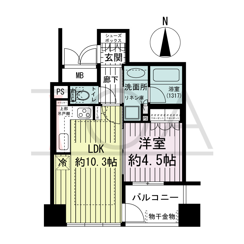 ブランズタワー大阪備後町の間取り図 西向き　1LDK　専有面積37.04m2
バルコニー面積4.59m2