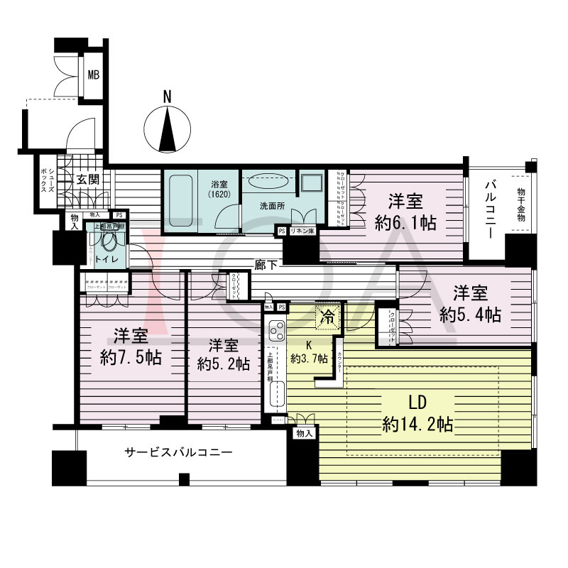 ブランズタワー大阪備後町の間取り図 南東向き　4LDK　専有面積100.10m2
バルコニー面積4.62m2
サービスバルコニー面積8.92m2