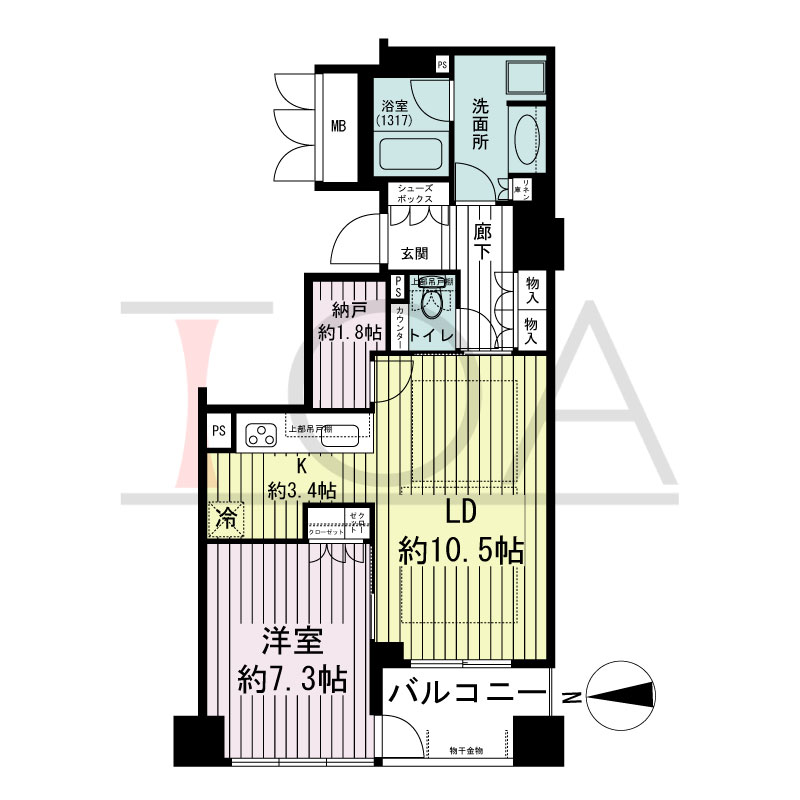 ブランズタワー大阪備後町の間取り図 西向き　1LDK+N　専有面積55.03m2
バルコニー面積5.41m2