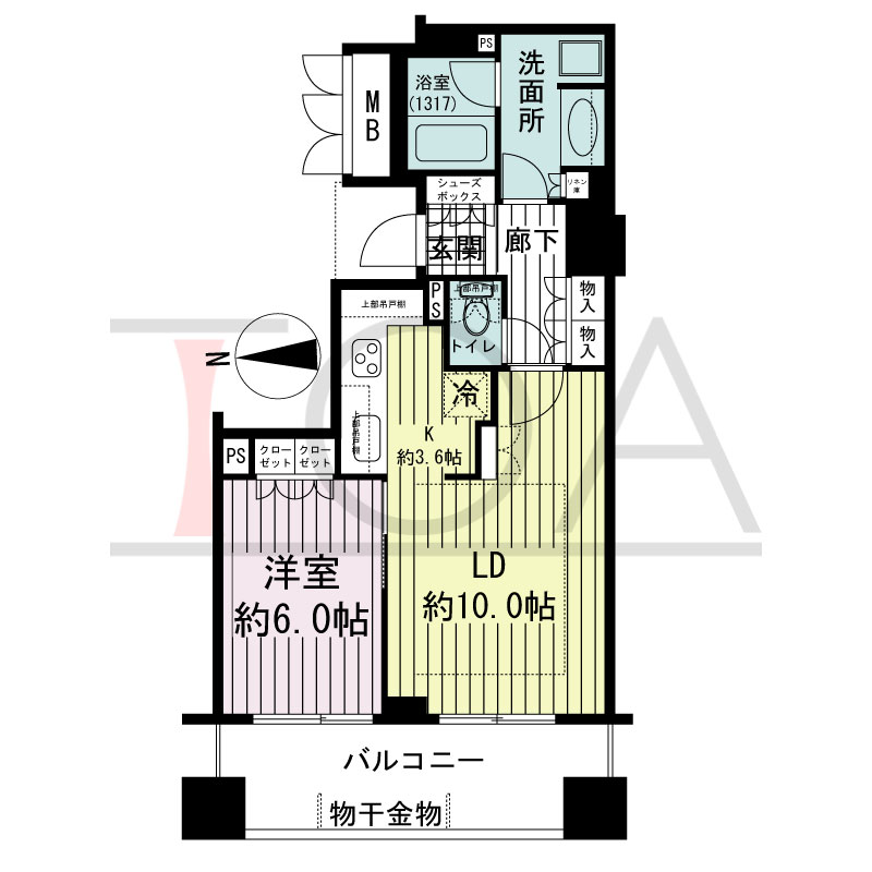 ブランズタワー大阪備後町の間取り図 西向き　1LDK　専有面積49.45m2
バルコニー面積10.99m2