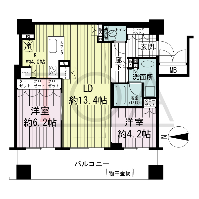 ブランズタワー大阪備後町の間取り図 西向き　2LDK　専有面積63.92m2
バルコニー面積15.10m2