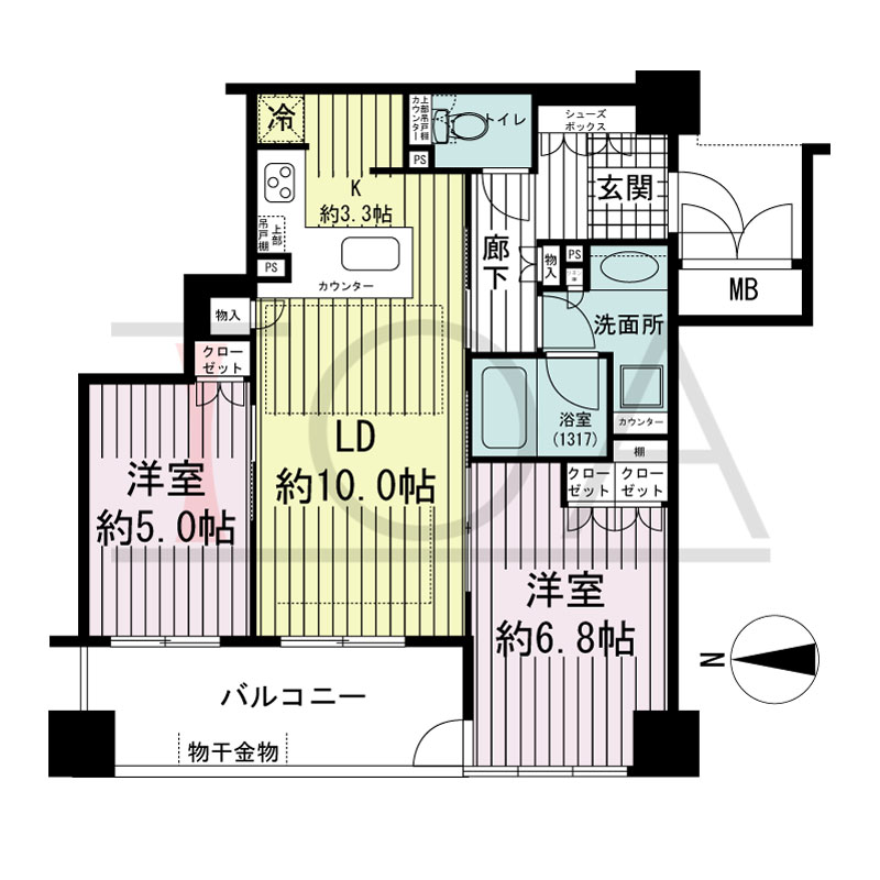 ブランズタワー大阪備後町の間取り図 西向き　2LDK　専有面積58.01m2
バルコニー面積9.23m2