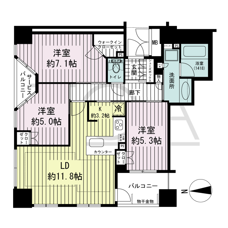 ブランズタワー大阪備後町の間取り図 北西向き角　3LDK　専有面積74.05m2
バルコニー面積5.02m2
サービスバルコニー面積2.06m2