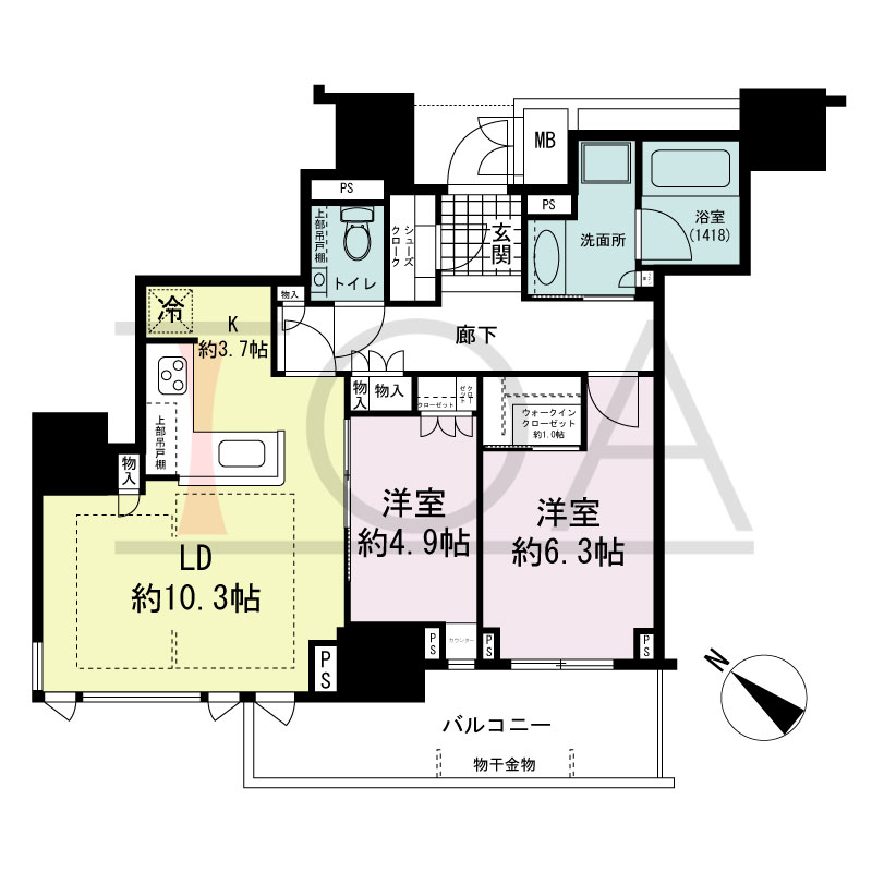 グランドメゾン上町台レジデンスタワーの間取り図 南西向き 2LDK+WIC+SC 専有面積65.50m2
バルコニー面積10.38m2