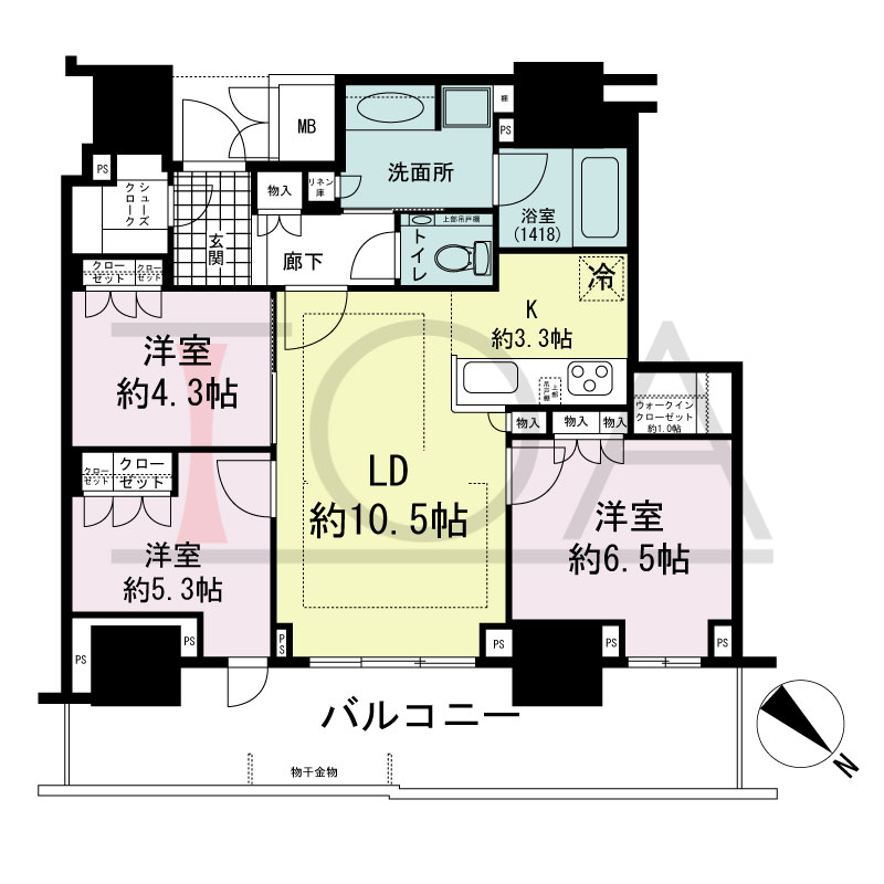 グランドメゾン上町台レジデンスタワーの間取り図 北東向き 3LDK+WIC+SC 専有面積71.40m2
バルコニー面積17.09m2