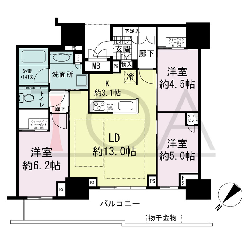 グランドメゾン上町台レジデンスタワーの間取り図 北西向き 3LDK+2WIC 専有面積73.36m2
バルコニー面積16.26m2
