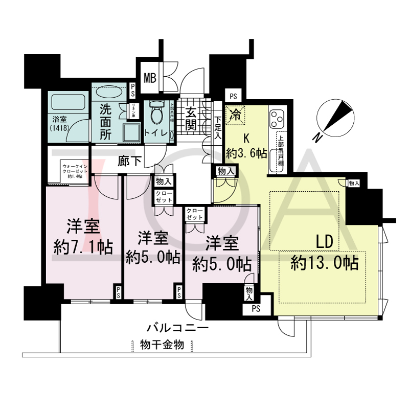 グランドメゾン上町台レジデンスタワーの間取り図 西向き 3LDK+WIC 専有面積79.00m2
バルコニー面積14.27m2