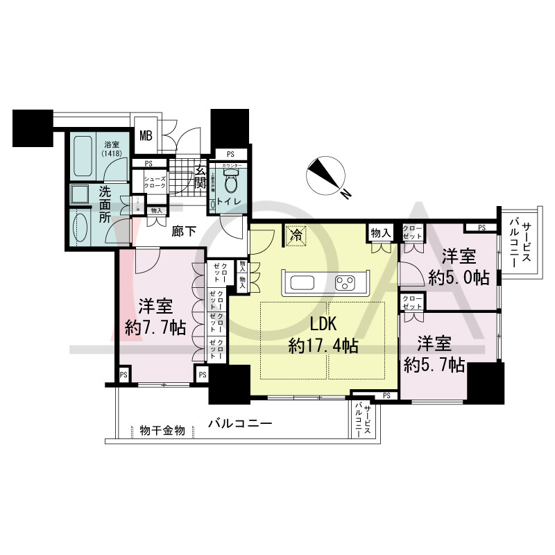 グランドメゾン上町台レジデンスタワーの間取り図 北東向き 3LDK+SC 専有面積82.12m2
バルコニー面積11.30m2
サービスバルコニー面積3.81m2