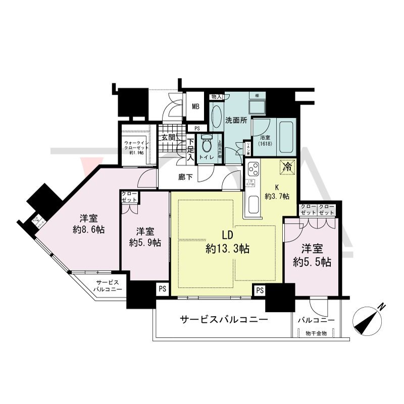 グランドメゾン上町台レジデンスタワーの間取り図 南向き 3LDK+WIC 専有面積86.27m2
バルコニー面積3.85m2
サービスバルコニー面積13.19m2