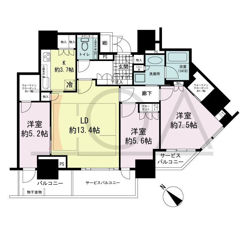 グランドメゾン上町台レジデンスタワーの間取り図 南向き 3LDK+2WIC 専有面積88.19m2
バルコニー面積6.07m2
サービスバルコニー面積9.96m2