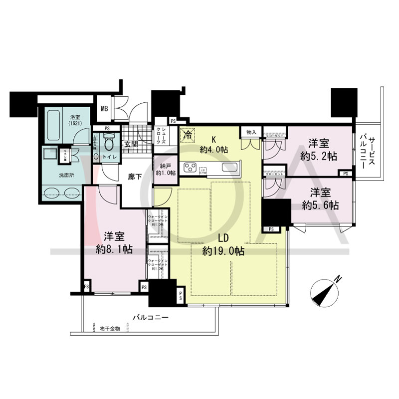 グランドメゾン上町台レジデンスタワーの間取り図 東向き 3LDK+N+2WIC+SC 専有面積97.94m2
バルコニー面積9.91m2
サービスバルコニー面積3.25m2