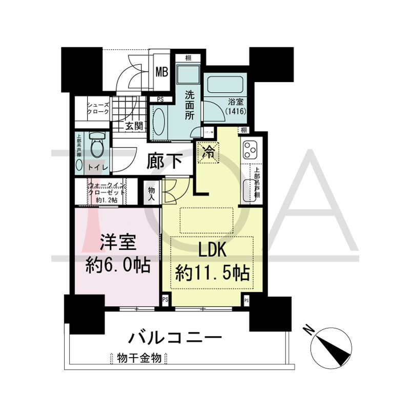 グランドメゾン上町台レジデンスタワーの間取り図 南西向き角 1LDK+WIC+SC 専有面積46.95m2
バルコニー面積12.96m2