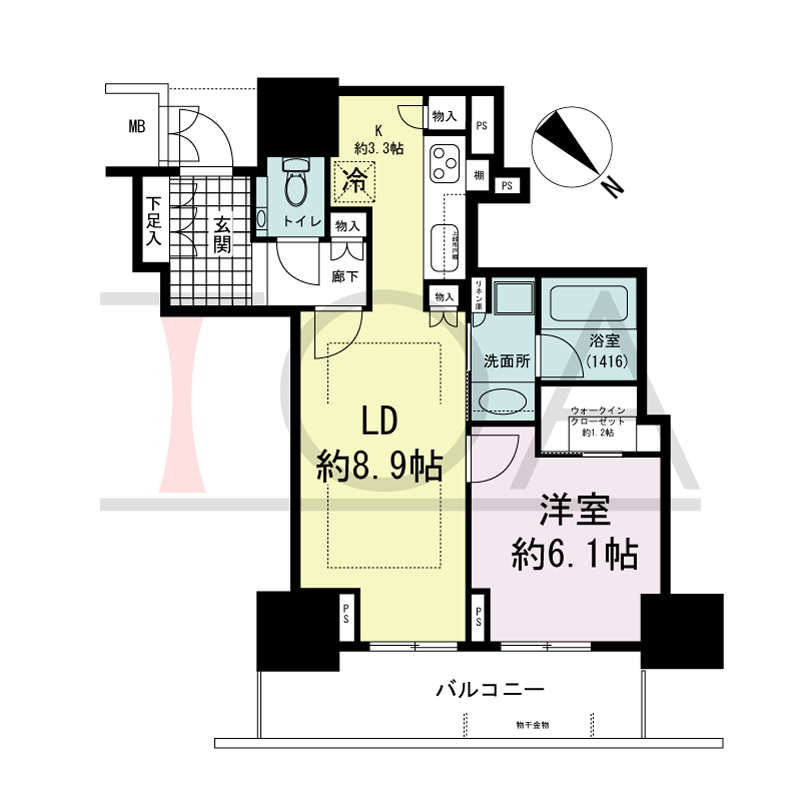 グランドメゾン上町台レジデンスタワーの間取り図 北東向き 1LDK+WIC 専有面積47.59m2
バルコニー面積9.86m2