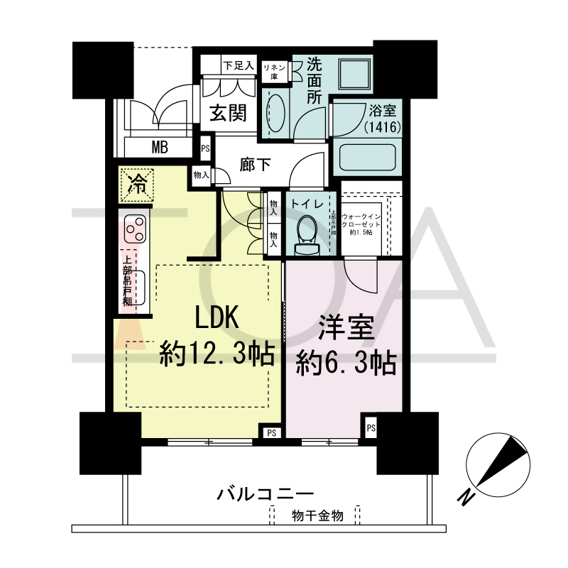 グランドメゾン上町台レジデンスタワーの間取り図 北西向き 1LDK+WIC 専有面積48.95m2
バルコニー面積12.19m2