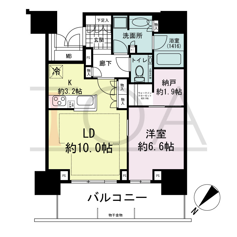 グランドメゾン上町台レジデンスタワーの間取り図 北西向き 1LDK+DEN+WIC 専有面積53.02m2
バルコニー面積11.46m2