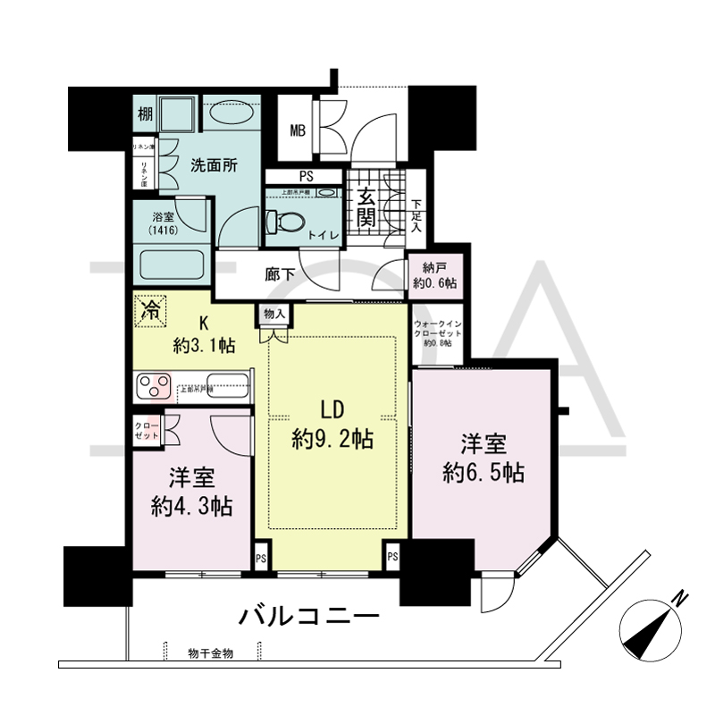 グランドメゾン上町台レジデンスタワーの間取り図 南東向き 2LDK+N+WIC 専有面積58.75m2
バルコニー面積14.76m2(3階)
バルコニー面積15.90m2(4?7階)