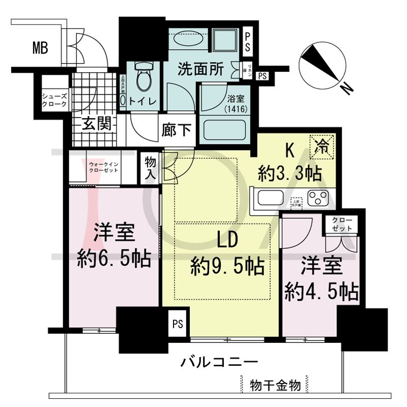 グランドメゾン上町台レジデンスタワーの間取り図 北東向き 2LDK+WIC+SC 専有面積59.59m2
バルコニー面積12.57m2