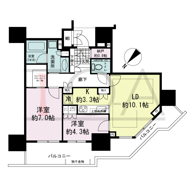 グランドメゾン上町台レジデンスタワーの間取り図 西向き 2LDK+N+WIC 専有面積63.08m2
バルコニー面積19.47m2