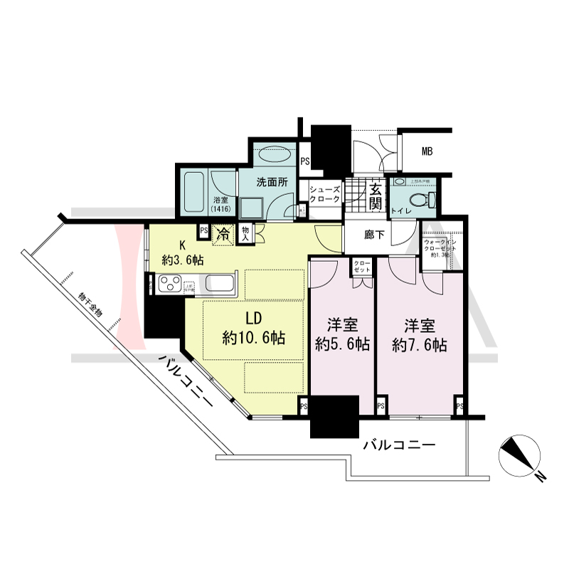 グランドメゾン上町台レジデンスタワーの間取り図 東向き 2LDK+WIC+SC 専有面積64.46m2
バルコニー面積24.41m2