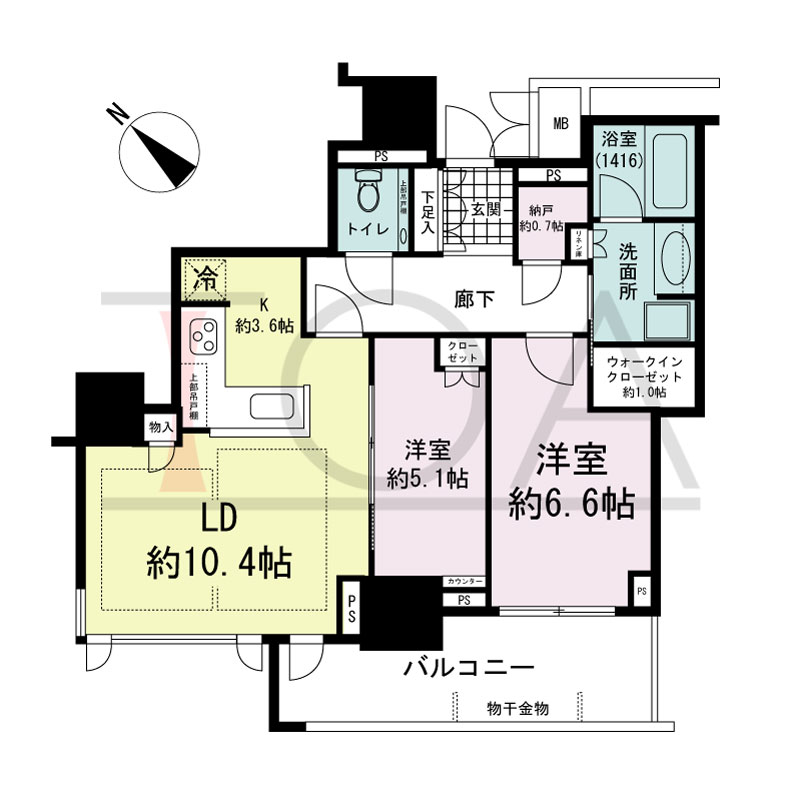グランドメゾン上町台レジデンスタワーの間取り図 南西向き 2LDK+N+WIC 専有面積64.57m2
バルコニー面積10.08m2