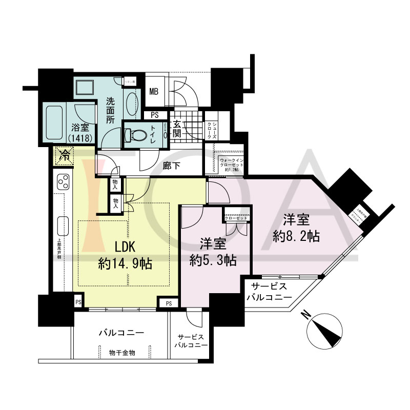 グランドメゾン上町台レジデンスタワーの間取り図 南向き 2LDK+WIC+SC 専有面積69.01m2
バルコニー面積6.18m2
サービスバルコニー面積5.48m2
