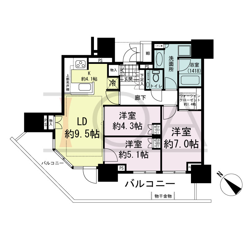 グランドメゾン上町台レジデンスタワーの間取り図 西向き 3LDK+WIC 専有面積72.14m2
バルコニー面積22.58m2