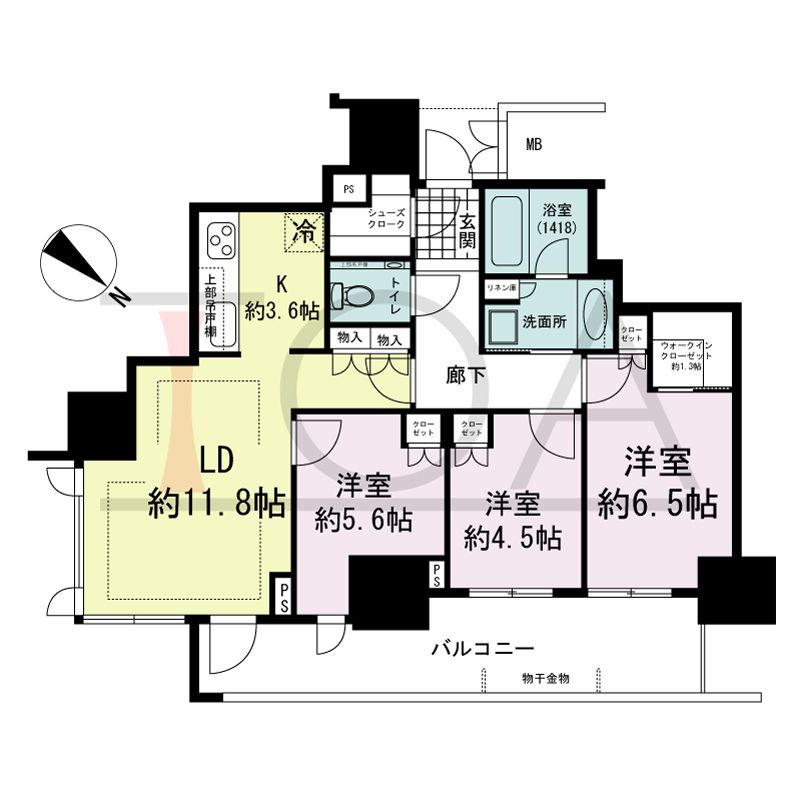 グランドメゾン上町台レジデンスタワーの間取り図 東向き 3LDK+WIC+SC 専有面積73.58m2
バルコニー面積14.48m2