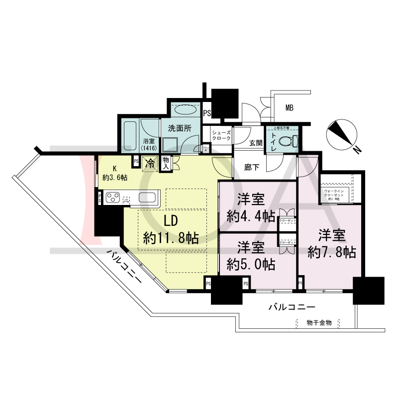 グランドメゾン上町台レジデンスタワーの間取り図 東向き 3LDK+WIC+SC 専有面積74.06m2
バルコニー面積35.70m2
(3階)
バルコニー面積27.33m2
(4.5階)